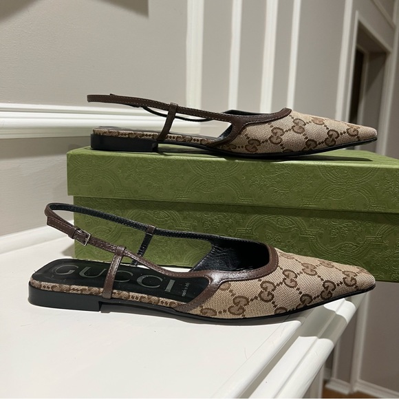 Gucci Beige and Brown Monogram Slingback Flats 37.5 - Picture 4 of 10